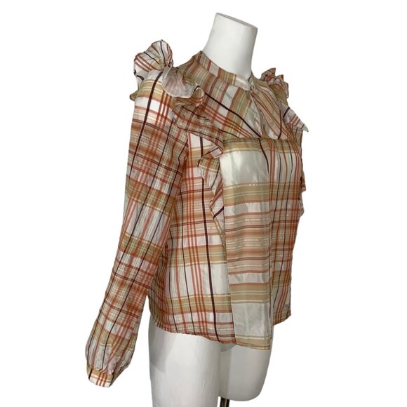 Anthropologie Currant Air Polly Peasant Blouse Top S Plaid Ruffles - Picture 3 of 12